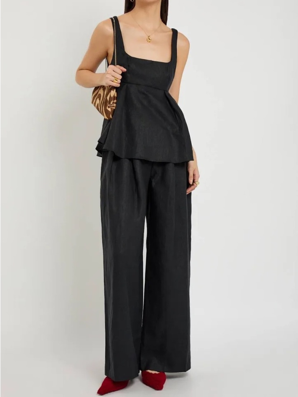 Faithfull The Brand Black 100% Linen Double Pleat Back Zip Wide Leg Pants US 6